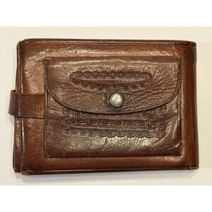 Vintage Arve Hand Tooled Embossed Brown Leather Bifold Wallet Mexico Coin Purse